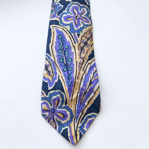 XMI Neck Tie Floral Navy Blue Yellow Silk Wilkes Bashford Italy USA - Picture 1 of 7
